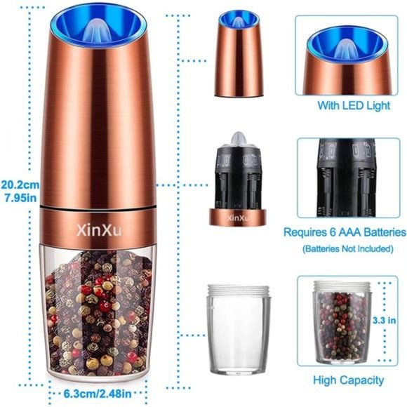 Gravity Electric Pepper and Salt Grinder Set, 2pack Battery  Gravity Automatic Pepper and Salt Grinder with Blue LED Light, Copper